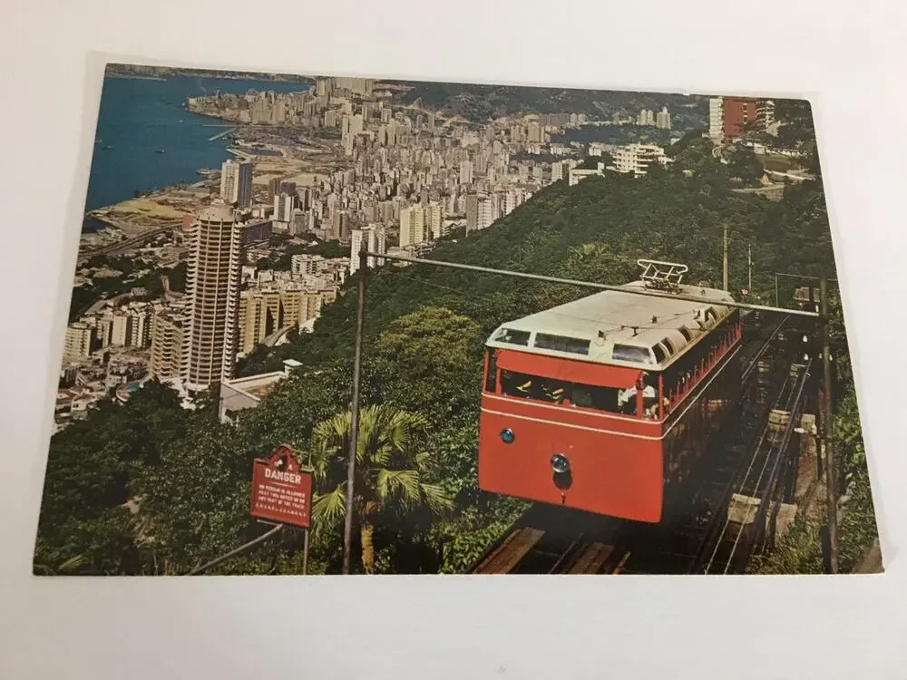 Hong Kong Peak Tramway Red Transportation Tracks Water Buildings Danger Sign